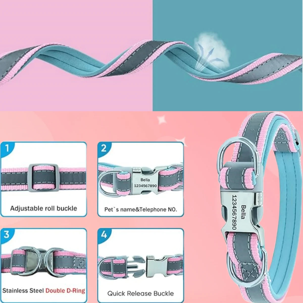 Custom Reflective Dog Collar with ID Engraving